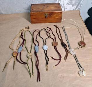 (9) Assorted Bolo Ties & (1) Wooden Keepsakes Box