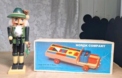 (1) Vintage Handcrafted 15"T Wooden Hunter Nutcracker & (1) Vintage Handcrafted Wooden Large Truck W/ (27) Blocks