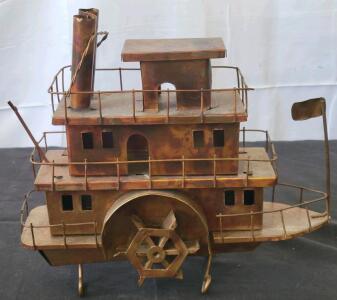 Vintage Metal Steamboat Model Music Box &ndash; Brass/Copper Riverboat, Paddlewheel, Patina, Ornamental Display