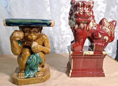 (1) 11" Tall Vintage Ceramic Monkey Plant Stand & (1) 15" Tall Decorative Ceramic Chinese Foo Dog Statue