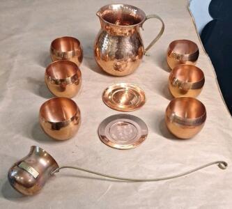 (1) 6" Vintage Hammered Copper Pitcher, (6) 3" Vintage Copper Cups, (2) 4" Vintage Copper Plates & (1) Vintage Copper Long Handled Dipper