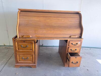 Classic Oak Roll-top Desk with 5 Drawers, Vintage Style Handles, Medium Natural Finish