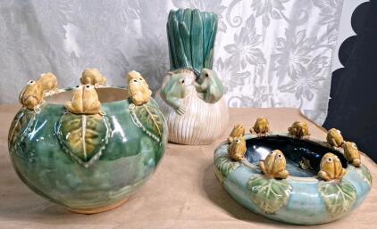 (2) Majolica Style Planters Featuring Sculpted Frogs & (1) Onion Shaped Vase Featuring Sculpted Frogs