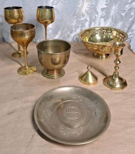 (4) Vintage Brass Gobblets, (1) Vintage Brass Bell, (1) Vintage Brass Candle Holder, (1) Vintage Brass Bowl & (1) Vintage Brass Plate