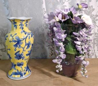 (1) 14" Delft Colbalt Blue & Yellow Floral Ceramic Vase & (1) 13" Clear Glass Vase W/ Artificial Flowers