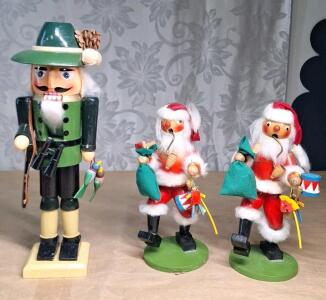 (1) Vintage Handcrafted 15"T Wooden Hunter Nutcracker & (2) Vintage Handcrafted Wooden Santa Claus Incense Smokers