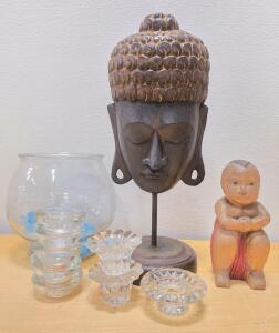 Carved Wood Buddha Head Sculpture, Seated Child Figure, & Glass Candle Holder Lot