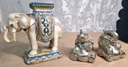 (1) 10" Vintage Porcelain Elephant Plant Stand & (1) Pair Of 5" Metal Elephant Bookends