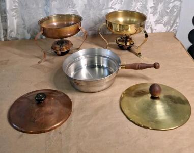 (1) Vintage Brass Chafing Dish Base W/ Burner & (1) Vintage Copper Chafing Dish Base W/ Burner, (1) Pan & (2) Lids