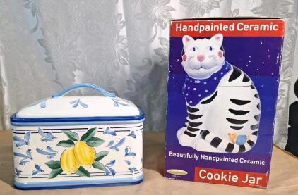 (1) Vintage Stonelite Inspirado Lemon Design Bread Box/Cookie Jar & (1) Ceramic Cat Cookie Jar