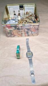 (1) Women's Quartz Wristwatch, (1) Men's Quartz Wristwatch & Small Decorative Tin W/ Assorted Cosmetic Jewelry