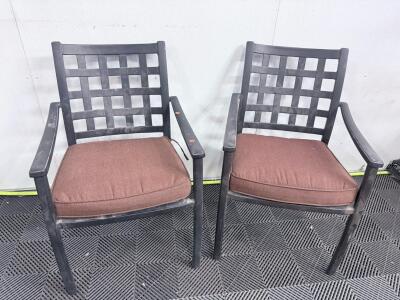 Pair of Metal Outdoor Patio Armchairs with Brown Cushions, Black Frame, Removable Pillows