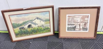 Framed Watercolor Barn Landscape by SHARP & Limited Edition Etching "Sunset Overy-Staithe" Pamela Hughes & More