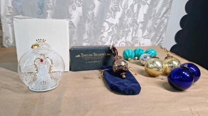 (1) Sorelle Spun Glass Globe Angel Ornament Featuring Color-Changing LED Lights. (1) Vintage Department 56 Egyptian Glass Ornament W/12K Gold & (8) Vintage Glass Ornaments
