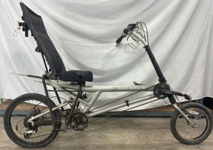 Cannondale Recumbent Bicycle, Dual Suspension, 16"/20" Wheels, Aluminum Frame, Shimano Gears, Silver