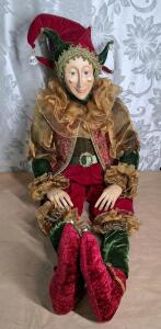 (1) Decorative Jester Doll Features a Hand-Painted Face, Dressed In Red Velvet & Gold Brocade W/ Elaborate Ruffled Accents, 4-Feet Tall