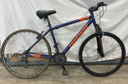 Mongoose Exhibit Hybrid Bike 21-Speed Shimano 700C Wheels, 6061 Alloy Frame, Blue/Orange