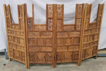 Hand-Carved 4-Panel Wooden Folding Room Divider with Floral Motif, 46" Tall