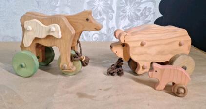 (2) Vintage Handcrafted Wooden Animal Pull Toys, (1) Cow & (1) Pig W/ Piglet