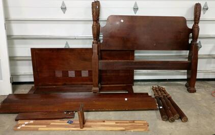 Vintage Wooden Four-Poster Full Size Bed Frame with Hand-Carved Details
