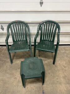 Green Plastic Patio Set - 2 Chairs & Table, Stackable, Weather-Resistant