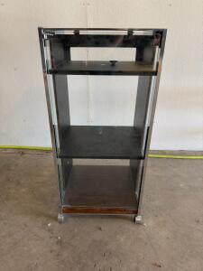 Chrome & Glass Techline Audio Rack &ndash; 3 Shelf Hi-Fi Stereo Cabinet, Casters, Hinged Glass Door