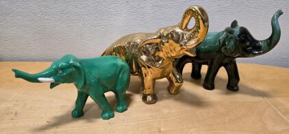 (1) Vintage-Style Gold-Plated Ceramic Lucky Trunk Up Elephant Figurine (1) Vintage Blue Mountain Pottery Elephant Figurine from Canada (1) Vintage Mid-Century Ceramic Elephant Figurine