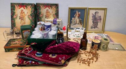 Vintage Christmas Collectibles Lot &ndash; Tins, Mugs, Stockings, Prints, Glassware