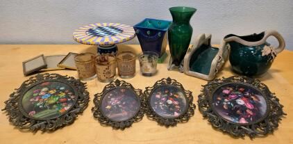 Mixed Lot Ornate Floral Plaques, Vintage Glassware, Vases, Ceramic Pitcher & Cake Stand