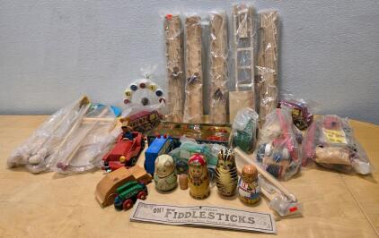 Vintage Wooden Toy Lot &ndash; Mossy Creek "Oh! Fiddlesticks," Trucks, Nesting Dolls, Activity Boards