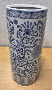 (1) 1980&rsquo;s Vintage 15" Chinoiserie Blue and White Chinese Porcelain Umbrella, Cane Stand or Floor Vase Adorned With Chrysanthemums and Vines