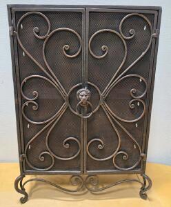 Ornate Wrought Iron Cabinet, 2-Shelf Display with Lion's Head Door Knocker, 24"x17"x7"