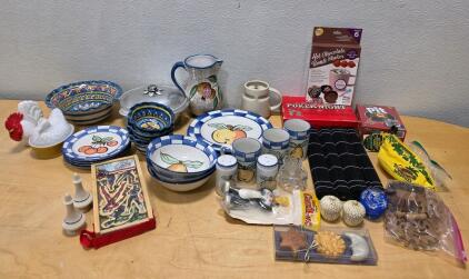 Large Assorted Lot: Hand-Painted Fruit Tableware, Pitcher, 3 Board Games, Novelty Kitchenware