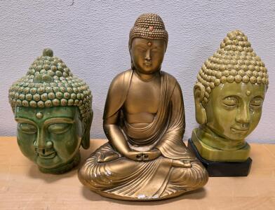 Set of Three Buddha Statues: Two Ceramic Head Busts and One Seated Chalkware Figure