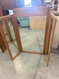 Tri-Fold Oak Wood Standing Mirror with Adjustable Hinged Panels, Freestanding 60" Dressing Mirror