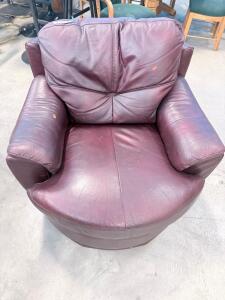 Burgundy Leather Swivel Armchair, Oversized, Classic Design, Moderate Wear