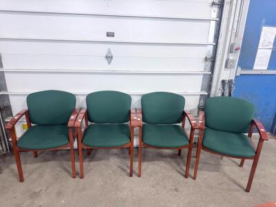 Set of 4 Dark Green Fabric Upholstered Reception Arm Chairs with Wooden Frames