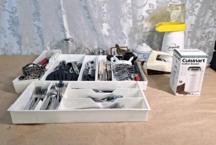(1) Cuisinart Coffee Grinder, (1) Sunbeam Mixer, (1) Hot Air Popcorn Popper & Assorted Kitchen Utencils