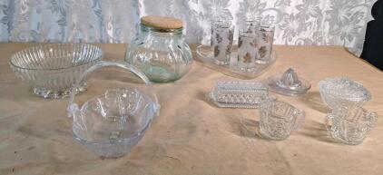 (1) Mikasa Crystal Basket, (1) Cut Glass Punch Bowl, (1) Glass Pumpkin Storage Container W/ Cork Lid & More