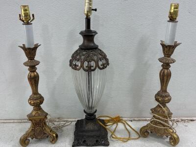 (2) vintage candlestick table lamp , tested (7in L x 7in W x25.5inch H).(1)Hollwood Regency style glass lamp tested, did not turn on. ( 7inWx7inL x 26.5inH)