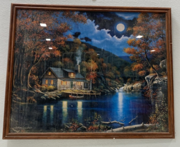 John Zaccheo Signed Framed Print, Moonlit Cabin Autumn Landscape, 24"x36" Art