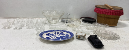 Vintage Glassware and Serving Pieces Lot &ndash; Includes Punch Bowl, Blue Willow Platter, and More