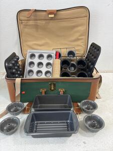 Baking Pans., including Cake POP, mini doughnut pan, loaf pan, (4) Bundt cake mould, Press French fry cutter, cup cake pan, rolling pin, with travel suitcase.