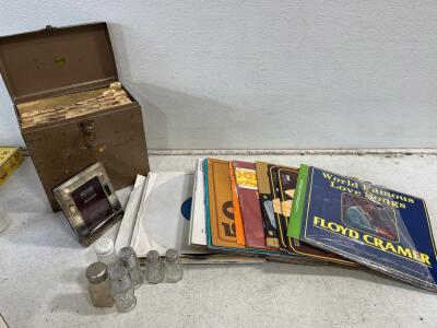 Vintage LP Record Lot with Metal Storage Box, Floyd Cramer Album, Gold Photo Frame, 6 Shakers