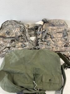 U.S. Army MOLLE II Large Rucksack and OD Green Duffel Bag, 83L, ACU Camo, Used