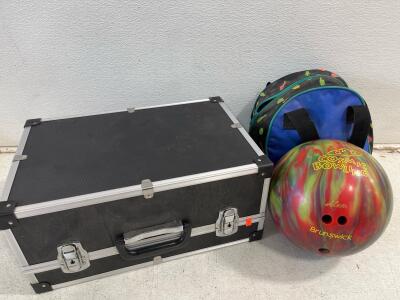 Brunswick Cosmic Bowling Ball, Multicolor Swirl, Hard Case & Bag, Personal Engraving "Alex"