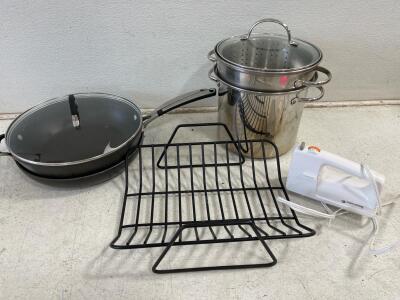 Large Stainless Steel Stock Pot Set, Non-Stick Frying Pan, Mixer, Rack, Black+Decker