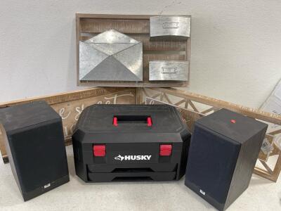 Home Decor, Husky toolbox, JBL shelf speakers