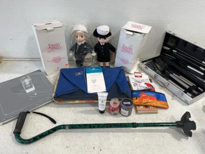 Bulk Lot: Precious Moments Navy Dolls, BBQ Grill Tool Set, Cane, Plus More