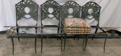 Set of 4 Ornate Cast Metal Garden Chairs with Floral Cushions & 2 Decorative Garden Hooks